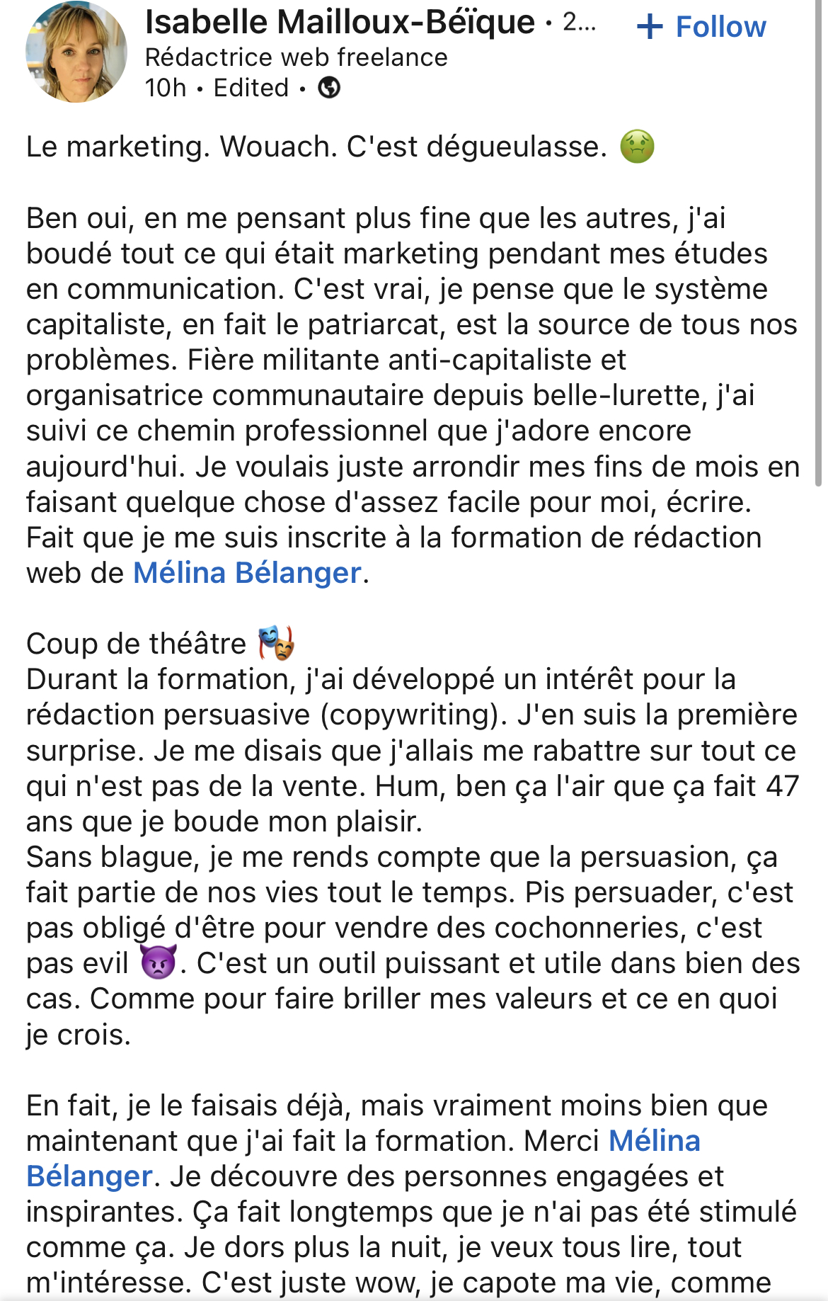 Étudiante à la formation Fais ton premier 1000$ en rédaction web par Mélina Bélanger